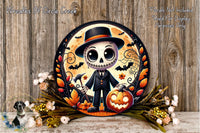 A Halloween-themed wreath featuring a skeleton character holding a jack-o-lantern, surrounded by autumn leaves and flowers.