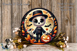 A Halloween-themed wreath featuring a skeleton character holding a jack-o-lantern, surrounded by autumn leaves and flowers.