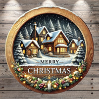 A circular wooden frame with a winter village scene inside, surrounded by a wreath of Christmas lights and berries. The text "MERRY CHRISTMAS" is displayed in the center of the frame.