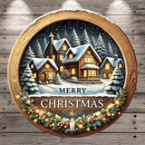 A circular wooden frame with a winter village scene inside, surrounded by a wreath of Christmas lights and berries. The text "MERRY CHRISTMAS" is displayed in the center of the frame.
