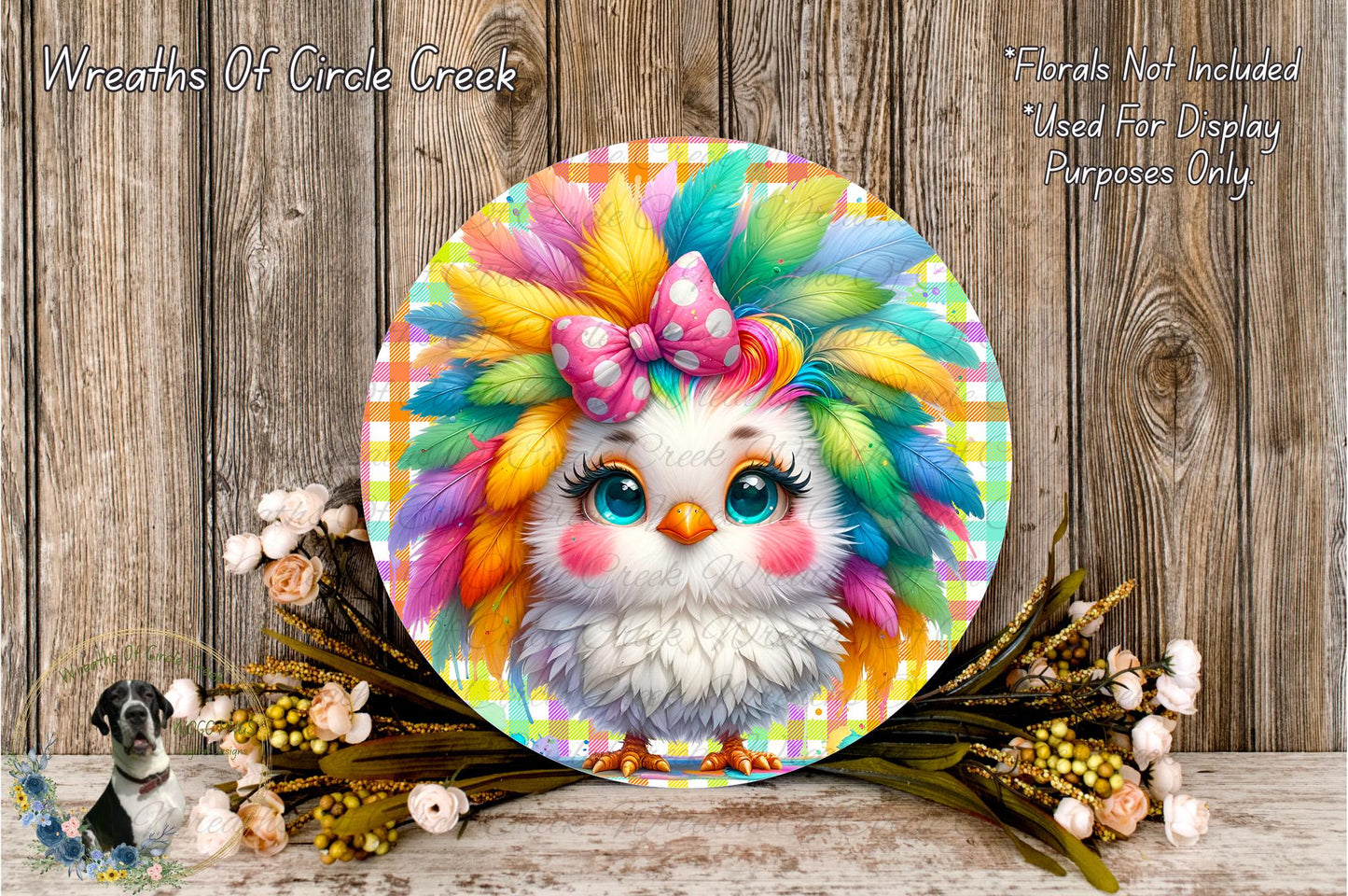 A colorful, whimsical illustration of a bird with a large, vibrant headdress, surrounded by flowers and a wooden background.