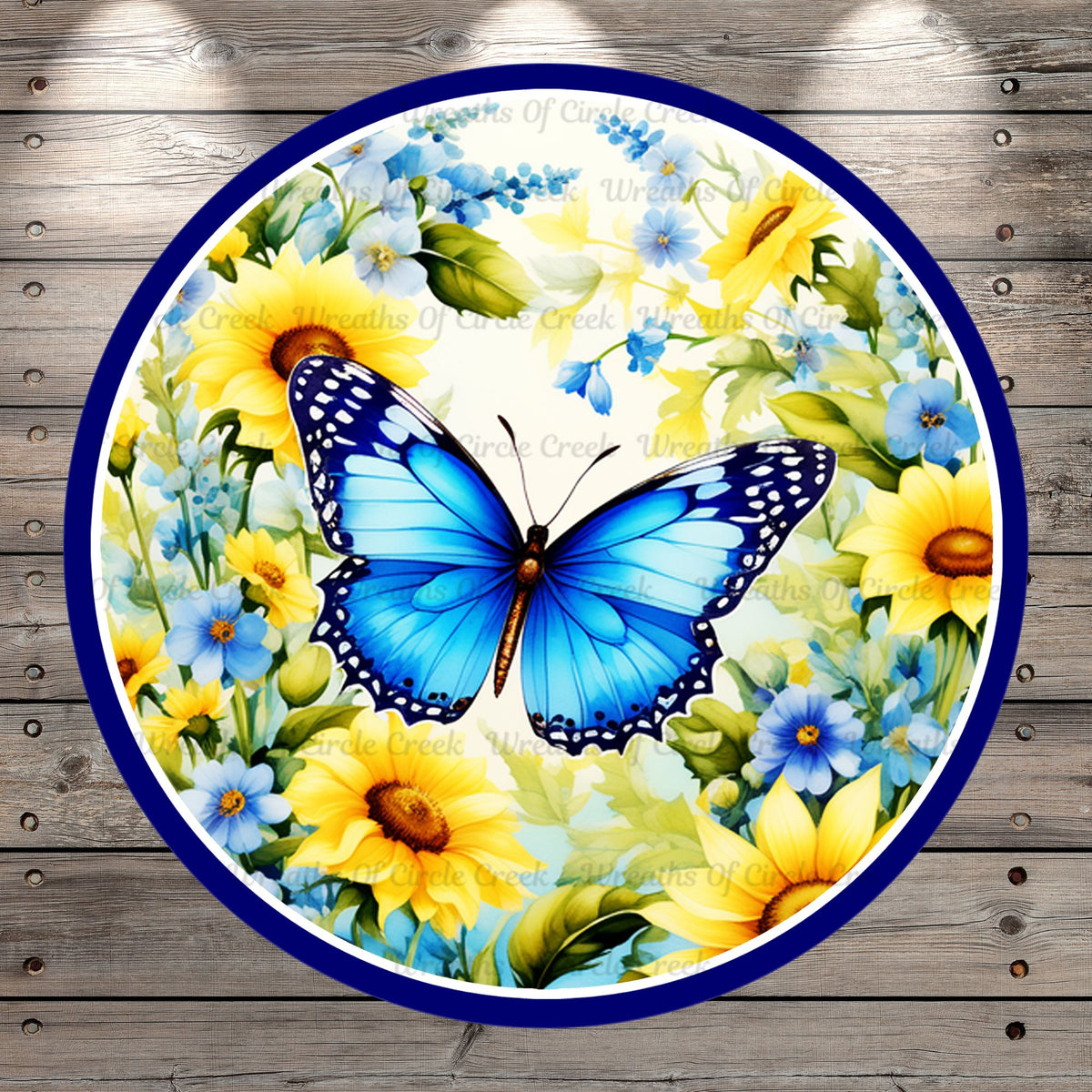 Blue Butterfly, Welcome, Florals, Round, Light Weight, Metal, Wreath Sign, With No Holes