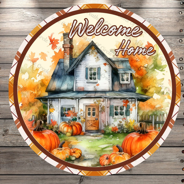 Welcome Home, Fall, Pumpkins, Farmhouse, Plaid, Round UV Coated, Metal Sign, No Holes