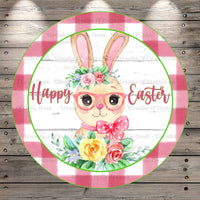 Happy Easter, Bunny With Glasses, Happy Easter, Round, Light Weight, Metal Wreath Sign, No Holes, UV Coated