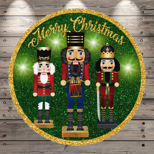 Nutcrackers, Green, Gold, Merry Christmas, Round, Light Weight, Metal, Wreath Sign, No Holes In Sign