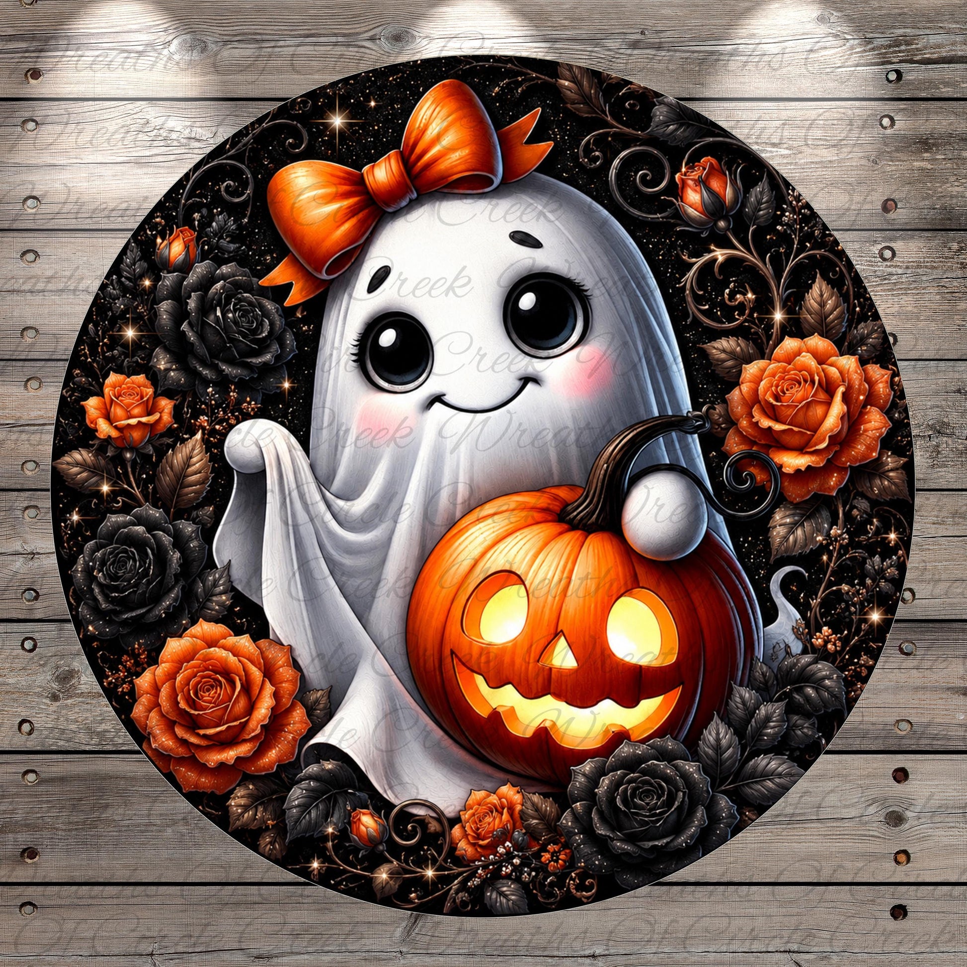 A Halloween-themed illustration featuring a smiling ghost holding a carved pumpkin, surrounded by black roses and orange roses.