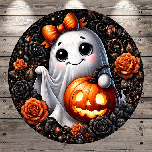 A Halloween-themed illustration featuring a smiling ghost holding a carved pumpkin, surrounded by black roses and orange roses.