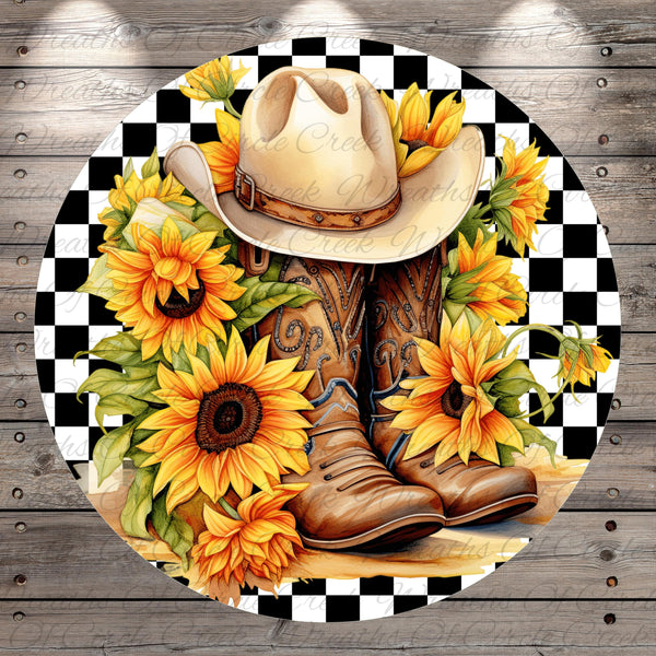 A pair of brown cowboy boots and a white cowboy hat are surrounded by a vibrant arrangement of yellow sunflowers against a black and white checkered background.