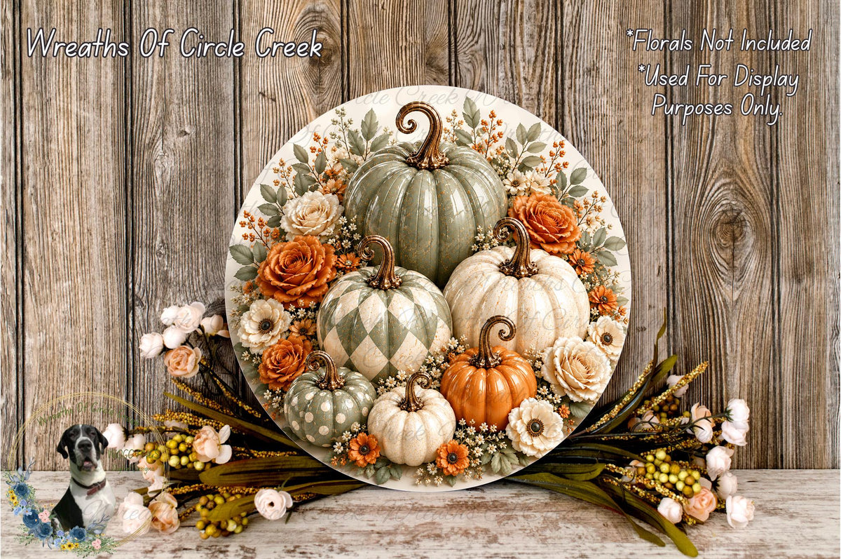 A decorative arrangement of pumpkins and flowers on a wooden surface, with a text overlay providing information about the use of the wreaths for display purposes only.