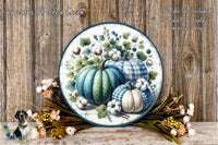 a decorative wreath with pumpkins and cotton, placed on a wooden surface. The wreath is surrounded by flowers and has a text overlay that reads "Wreaths Of Circle Creek" and "Florals Not Included Used For Display Purposes Only".