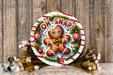 A festive gingerbread man decoration with the text "OH. SNAP!" is displayed on a wooden surface, surrounded by holiday decorations such as flowers and ornaments.