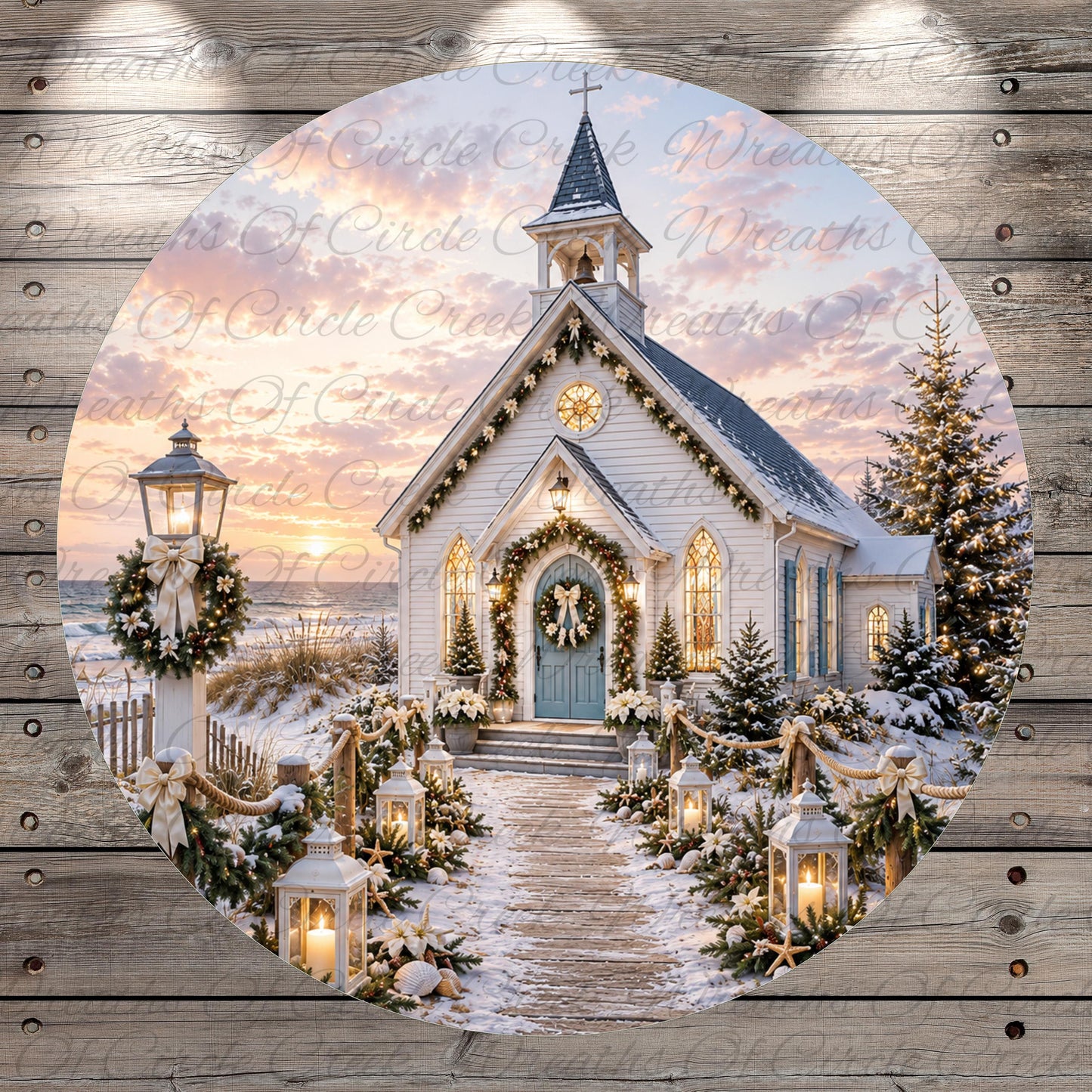 A beautifully decorated white church with a steeple, surrounded by a wreath of flowers, lights, and a Christmas tree, set against a picturesque snowy landscape with a sunset in the background.