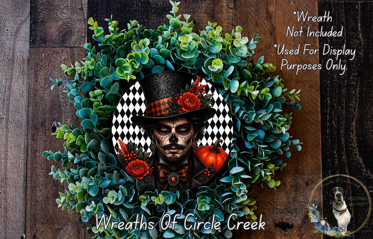 a wreath with a man's face in the center, surrounded by a green plant. The wreath is described as a "Wreath of Circle Creek" and is not included in a display.