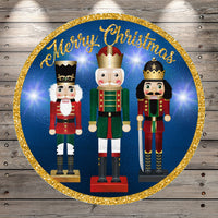 Nutcrackers, Blue, Gold, Merry Christmas, Round, Light Weight, Metal, Wreath Sign, No Holes In Sign