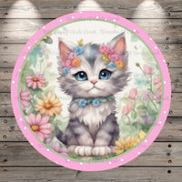 Spring Kitten, Hello, Cute, Florals, Round, Light Weight, Metal, Wreath Sign, With No Holes