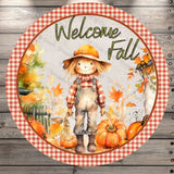 Welcome Fall, Scarecrow With Pumpkins, Gingham Plaid, Round UV Coated, Metal Sign, No Holes