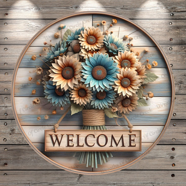 Welcome Fall Sunflowers, Blue, Orange, Rustic, Round, Light Weight, Metal Wreath Sign, No Holes In Sign