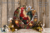 A decorative rooster surrounded by a wreath of flowers and pine cones, with a lantern and other holiday decorations in the background.