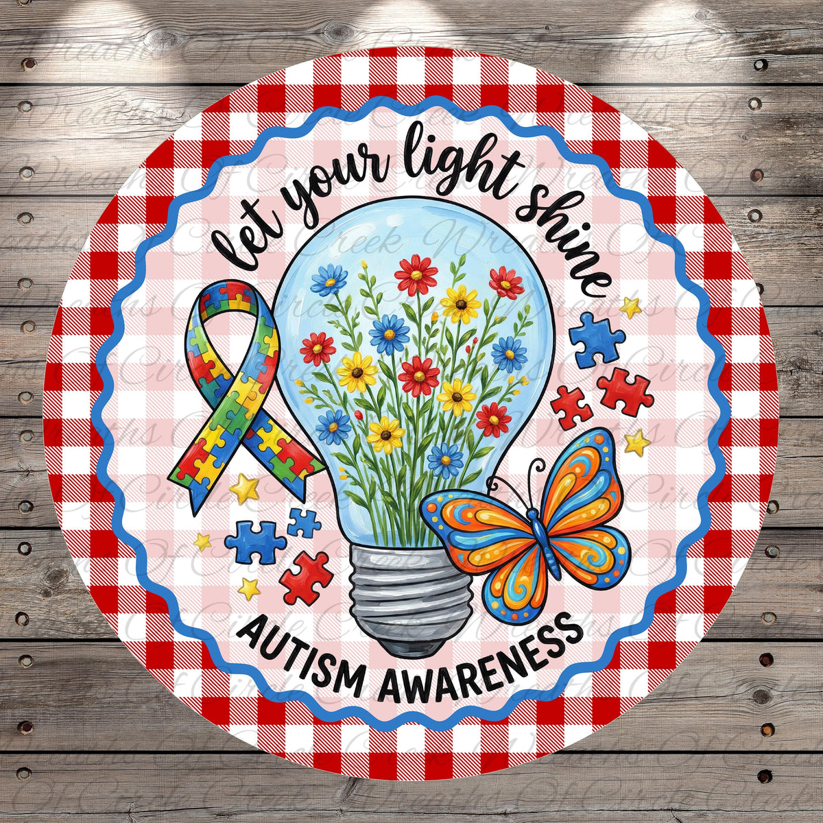 A round sign with a checkered border and a light bulb containing flowers, surrounded by puzzle pieces and a butterfly. The sign features a message about Autism Awareness.