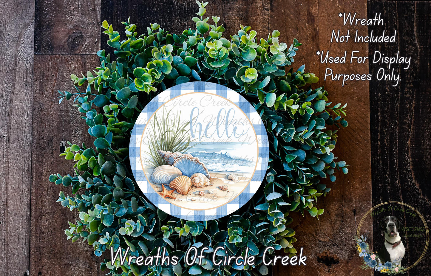 Hello Seashell Beach Sign | Lightweight Round Metal Wreath Sign | No Holes in Sign | Coastal Summer Decor