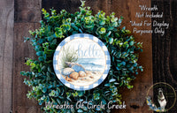 Hello Seashell Beach Sign | Lightweight Round Metal Wreath Sign | No Holes in Sign | Coastal Summer Decor