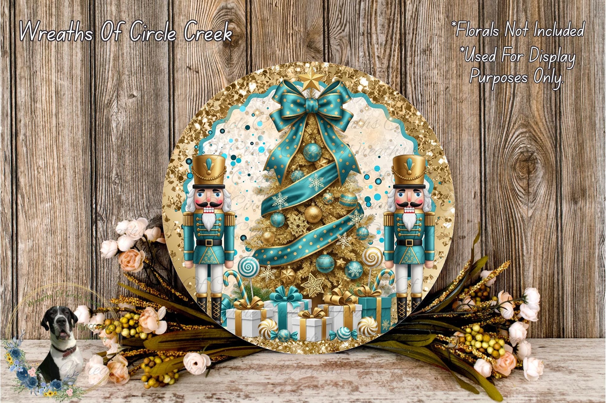 a festive Christmas wreath with a nutcracker soldier and a Christmas tree adorned with ornaments and a ribbon. The wreath is displayed on a wooden surface, surrounded by flowers and other holiday decorations.