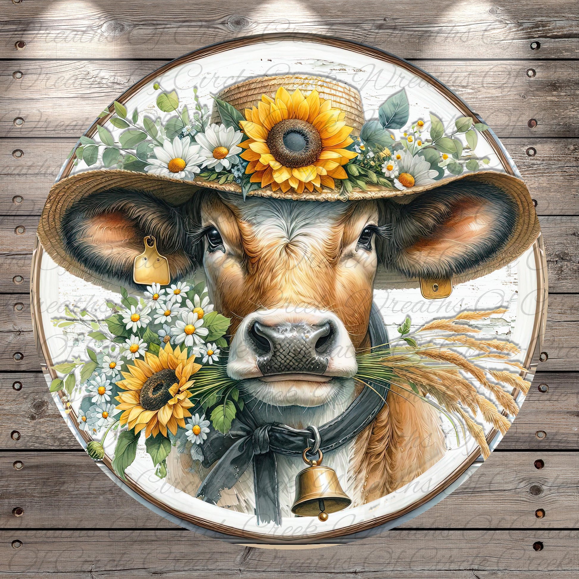 A cow wearing a straw hat with sunflowers and flowers, surrounded by a floral arrangement and a bell.