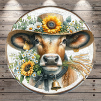 A cow wearing a straw hat with sunflowers and flowers, surrounded by a floral arrangement and a bell.