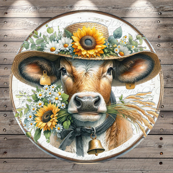 A cow wearing a straw hat with sunflowers and flowers, surrounded by a floral arrangement and a bell.