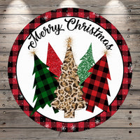 Christmas Trees, Pattern, Plaid, Red and Black Border, Merry Christmas, Round, Light Weight, Metal, Wreath Sign, No Holes In Sign