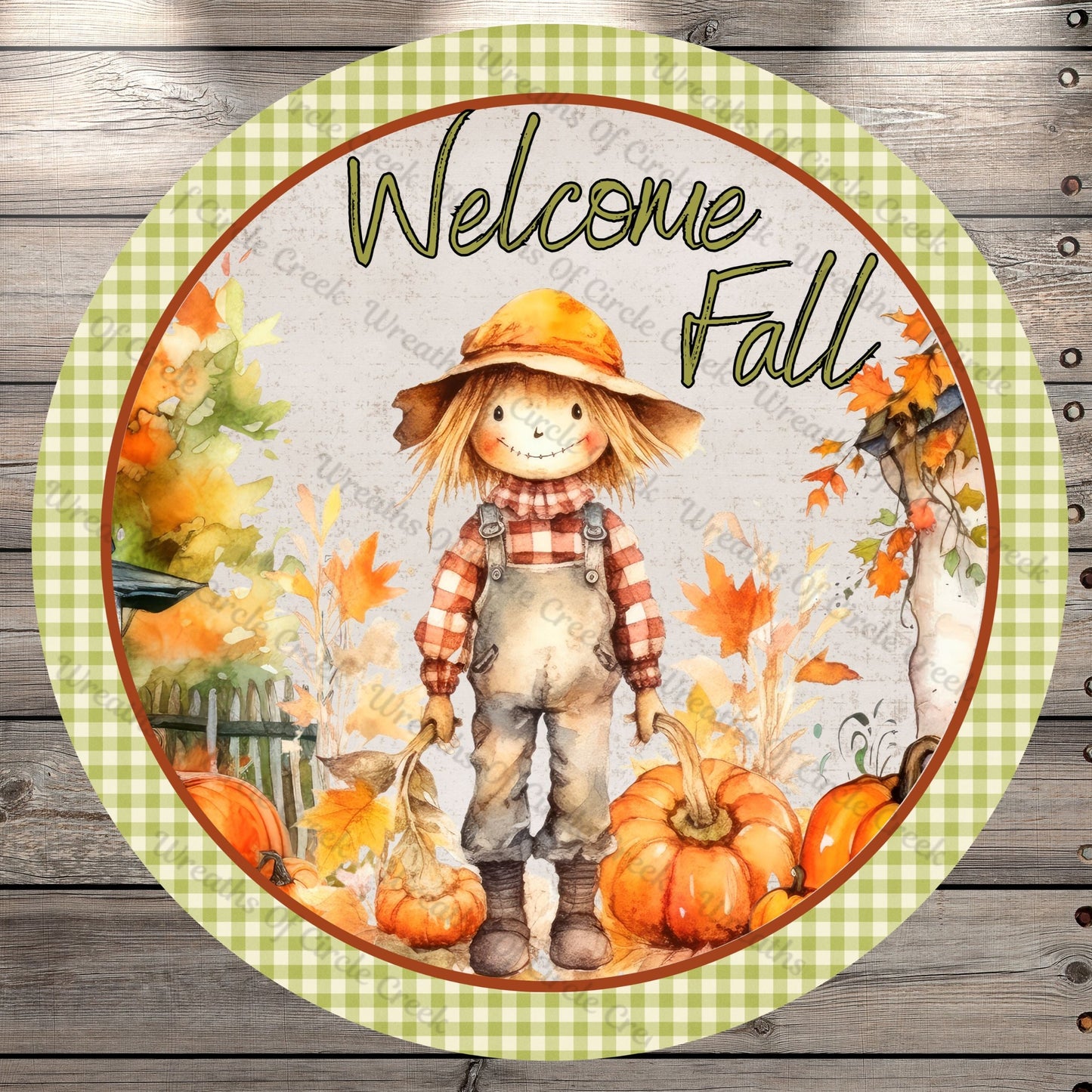 Welcome Fall, Scarecrow With Pumpkins, Gingham Plaid, Round UV Coated, Metal Sign, No Holes