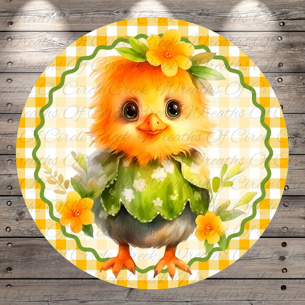A cheerful, cartoon-like chicken with a flower crown on its head is the central focus of the image, surrounded by a decorative border of yellow and green checkered patterns.