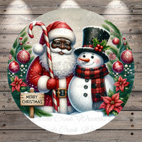 Santa Claus and a snowman are depicted in a festive winter scene, surrounded by Christmas decorations such as ornaments, pine branches, and poinsettias. Santa is holding a candy cane, and the snowman has a carrot nose. A "Merry Christmas" sign is also present in the image.