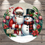 Santa Claus and a snowman are depicted in a festive winter scene, surrounded by Christmas decorations such as ornaments, pine branches, and poinsettias. Santa is holding a candy cane, and the snowman has a carrot nose. A "Merry Christmas" sign is also present in the image.