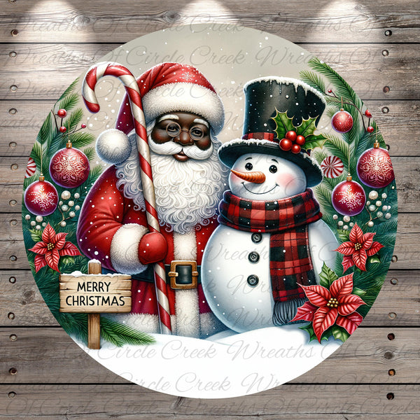 Santa Claus and a snowman are depicted in a festive winter scene, surrounded by Christmas decorations such as ornaments, pine branches, and poinsettias. Santa is holding a candy cane, and the snowman has a carrot nose. A "Merry Christmas" sign is also present in the image.