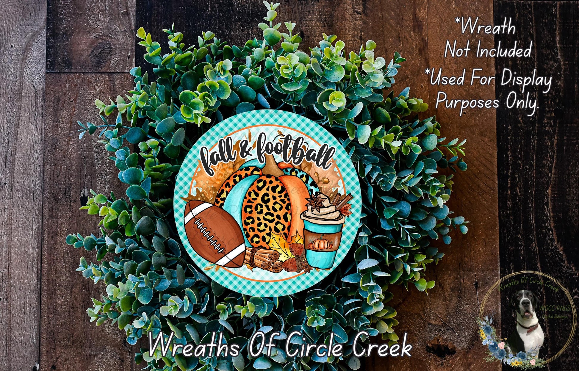 a wreath made of green foliage and a football-themed plate with a leopard print design.