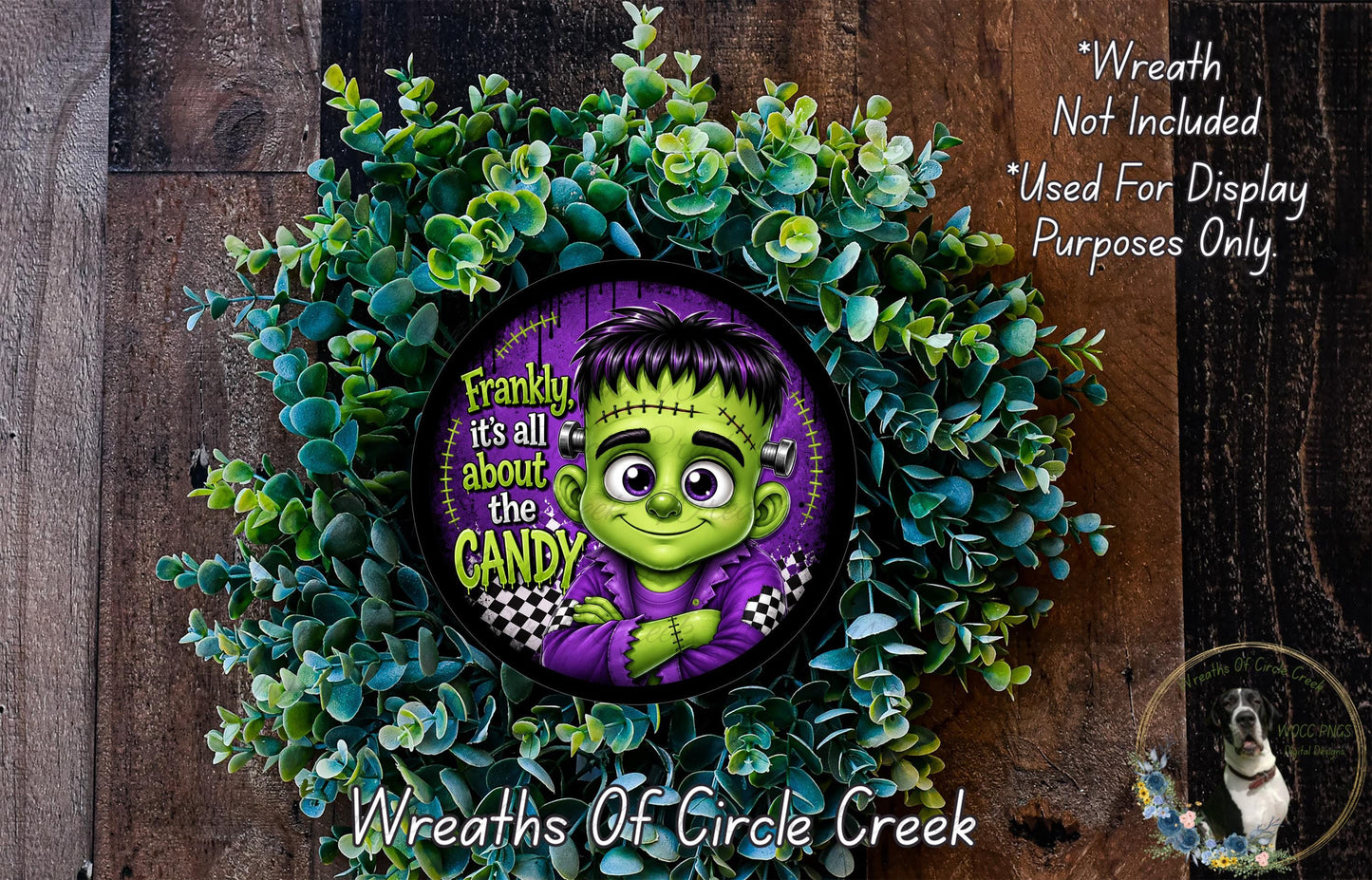 A wreath featuring a cartoon character with a purple shirt and green hair, surrounded by green foliage. The wreath is labeled "Frankly, it's all about the candy" and is described as a "Wreath of Circle Creek".
