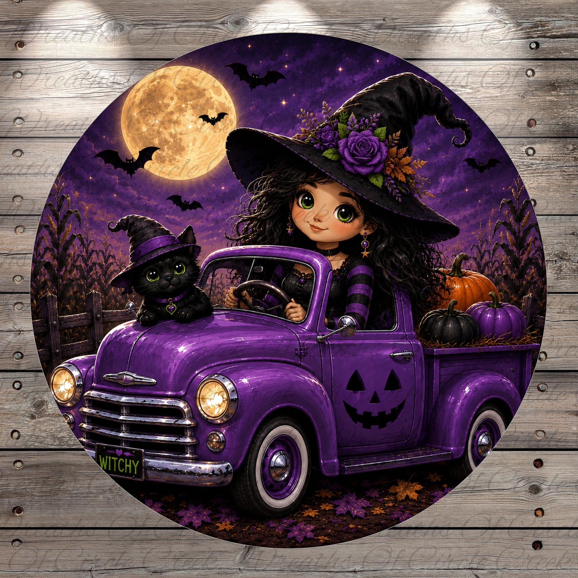 A purple vintage truck with a witch and a cat in the bed, surrounded by pumpkins and a full moon, creating a spooky Halloween scene.