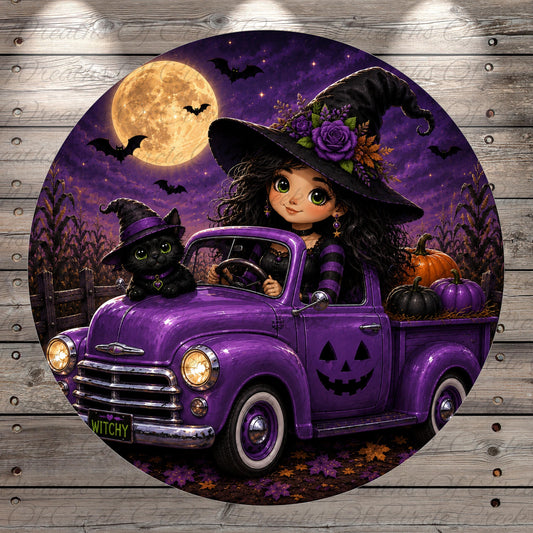 A purple vintage truck with a witch and a cat in the bed, surrounded by pumpkins and a full moon, creating a spooky Halloween scene.