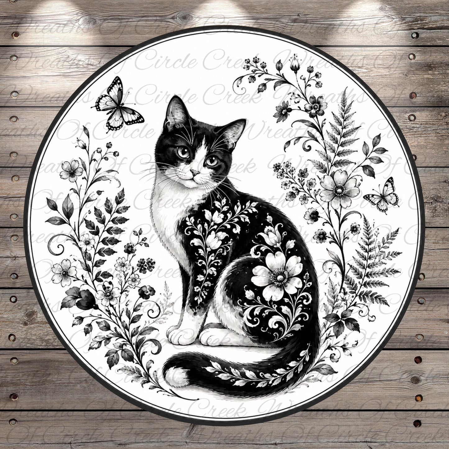 A black and white illustration of a cat with floral patterns on its fur, surrounded by flowers, butterflies, and leaves on a wooden background.