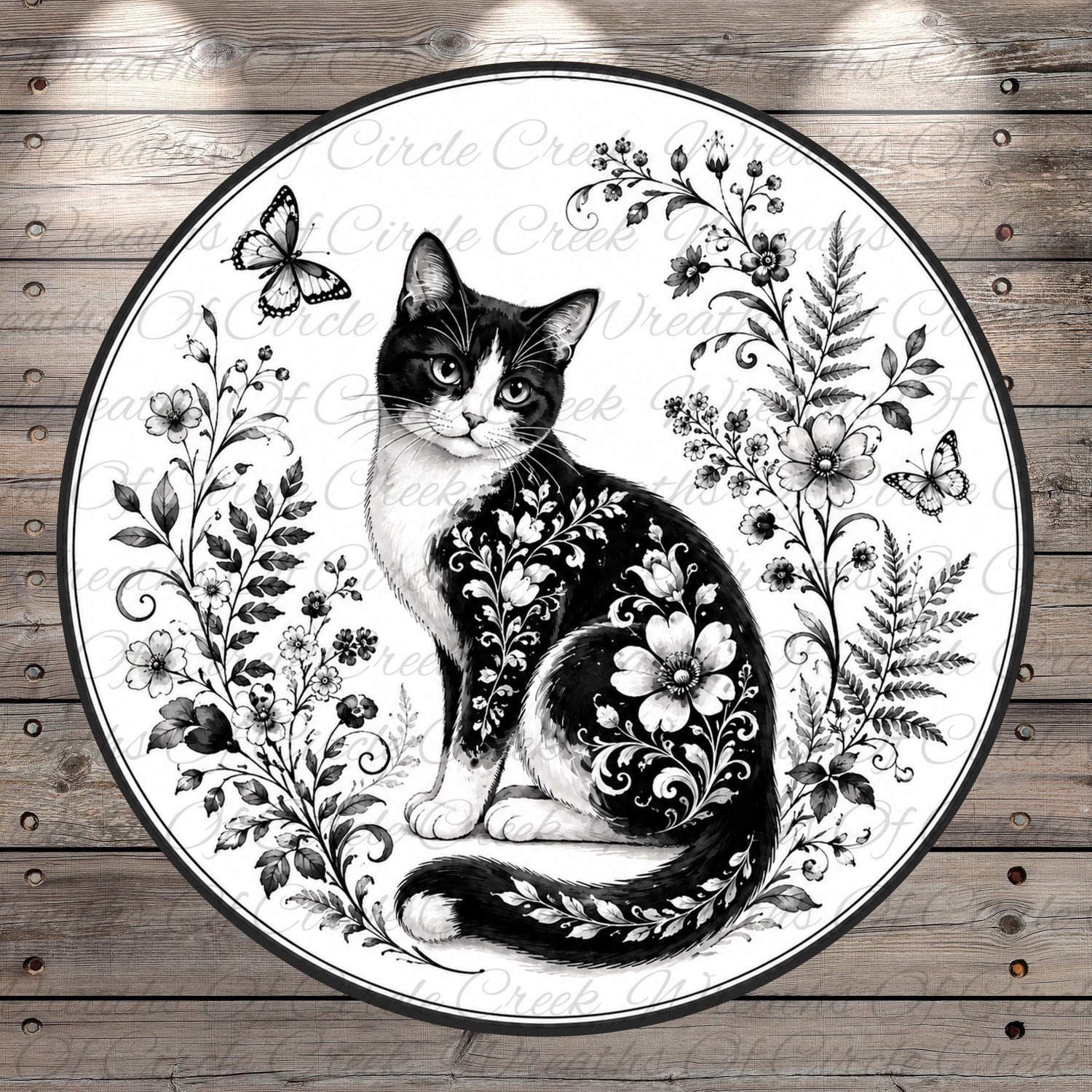 A black and white illustration of a cat with floral patterns on its fur, surrounded by flowers, butterflies, and leaves on a wooden background.