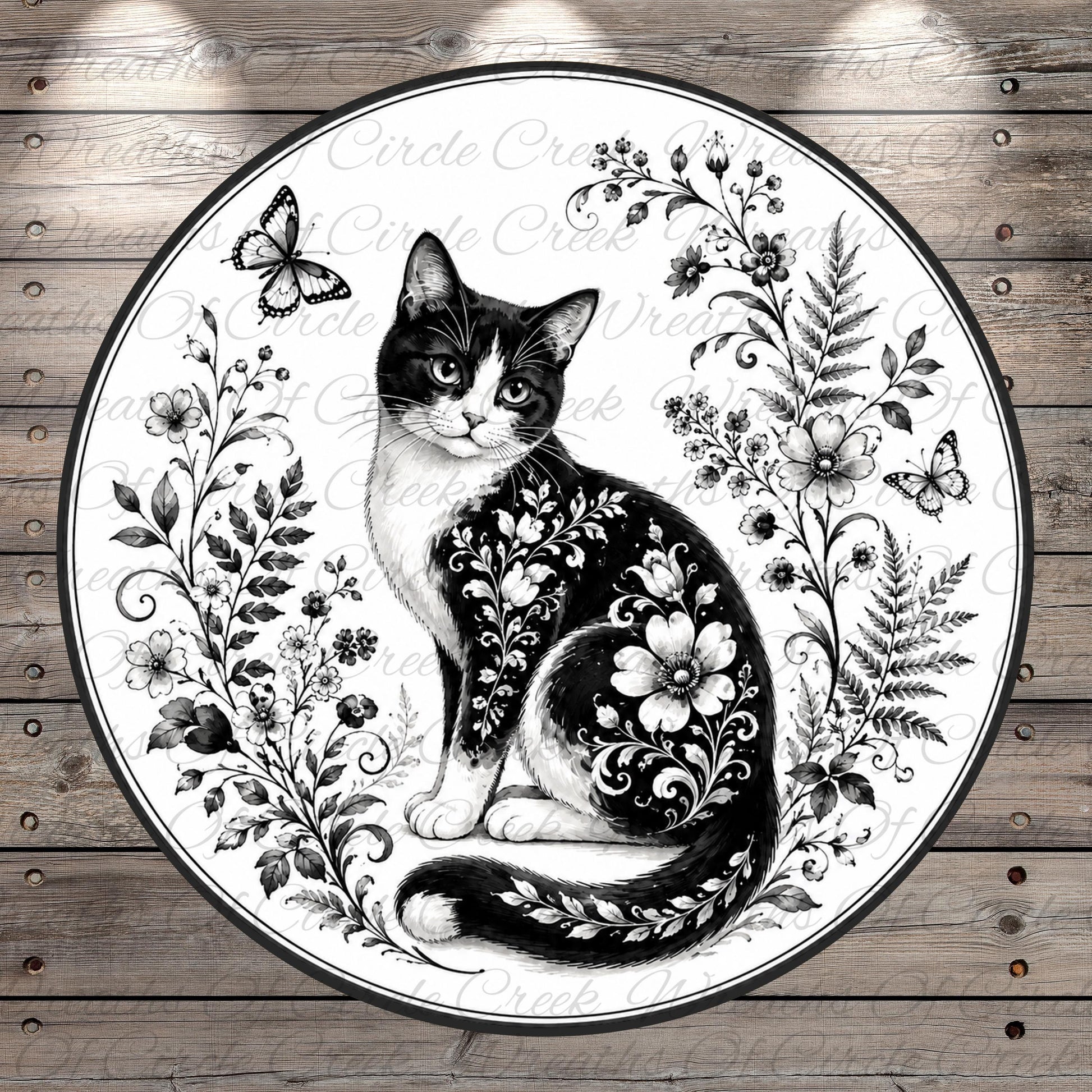 A black and white illustration of a cat with floral patterns on its fur, surrounded by flowers, butterflies, and leaves on a wooden background.