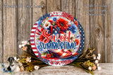 a decorative plate with a patriotic design, surrounded by flowers and a wooden background.