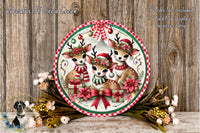 A festive holiday scene featuring three deer wearing Christmas hats and scarves, surrounded by a wreath of flowers and presents, all set against a rustic wooden background.