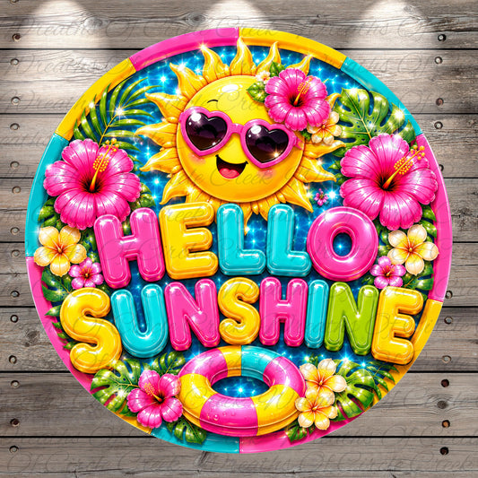 A colorful and vibrant illustration featuring a sun with sunglasses, surrounded by flowers, leaves, and the text "HELLO SUNSHINE" in a cheerful and playful style.