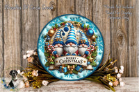 A festive Christmas wreath with three gnomes and various holiday decorations, including ornaments, flowers, and a banner that says "Merry Christmas". The wreath is displayed on a wooden surface, and there is a small bird figurine in the bottom left corner.