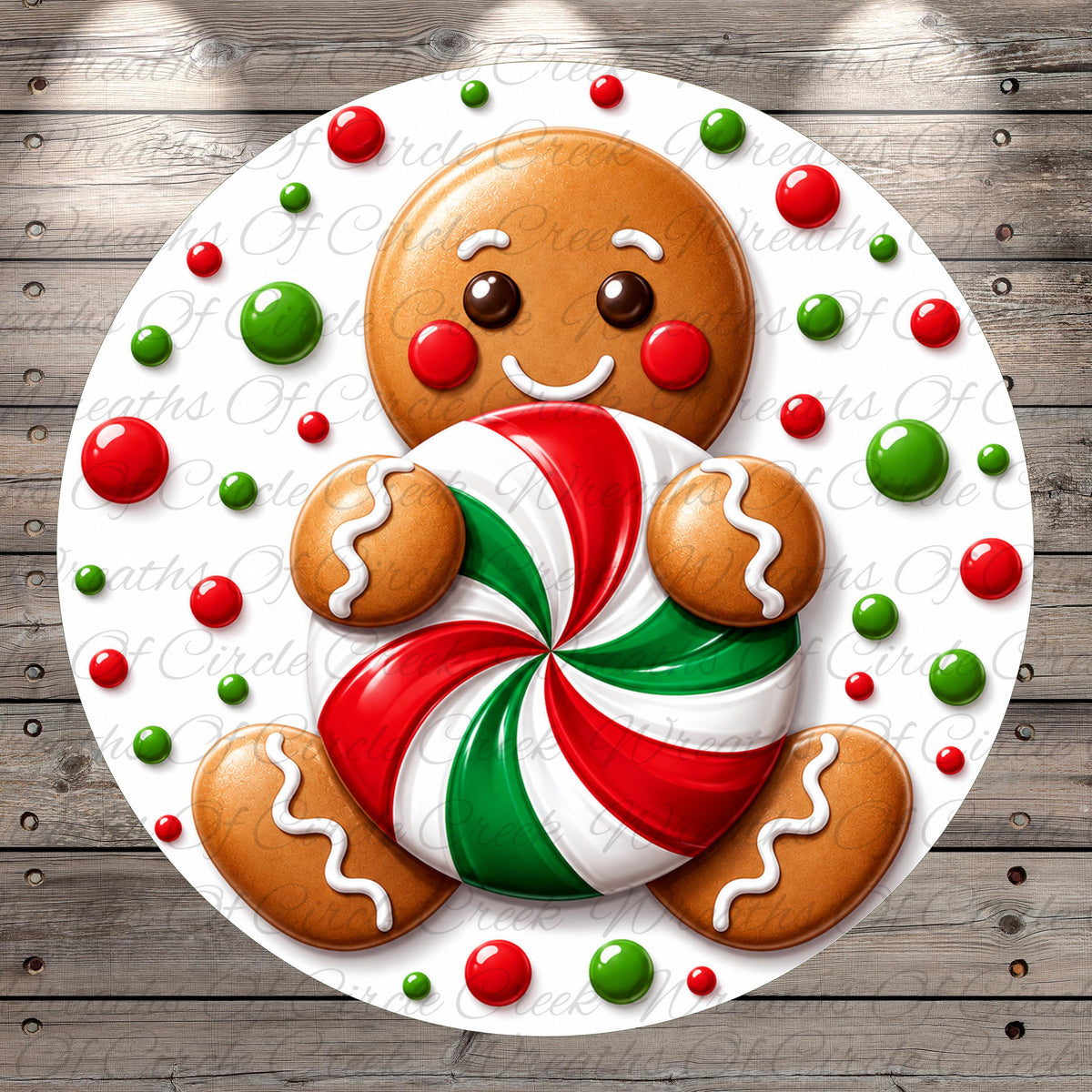 A gingerbread man holding a candy cane is surrounded by various candy pieces on a white circular background.