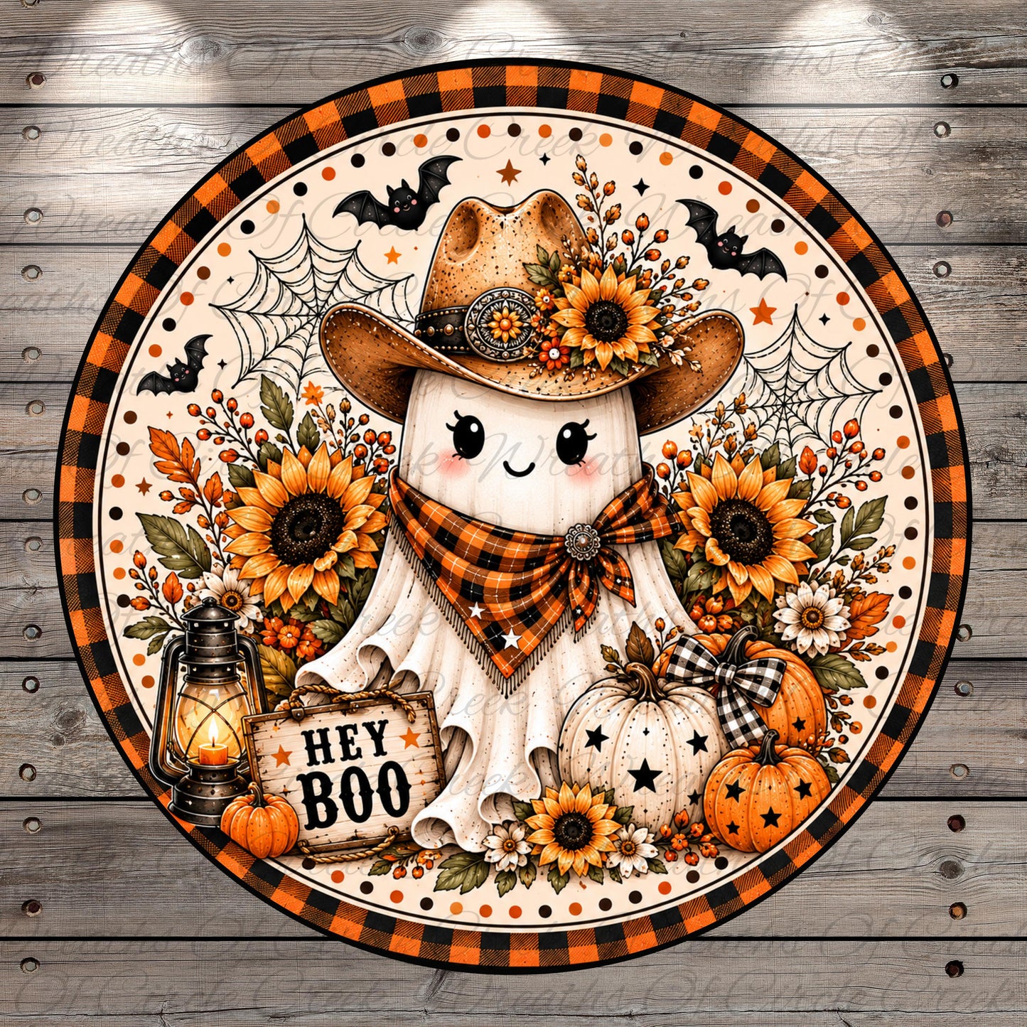 A whimsical Halloween-themed illustration featuring a ghost-like figure wearing a cowboy hat and scarf, surrounded by sunflowers, pumpkins, and a lantern, with the text "Hey Boo" displayed.