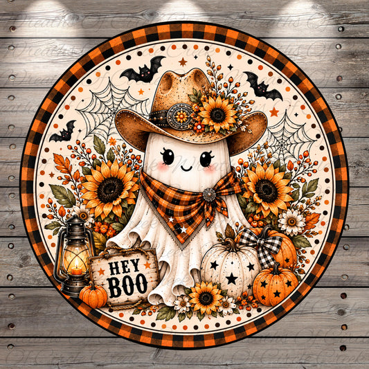 A whimsical Halloween-themed illustration featuring a ghost-like figure wearing a cowboy hat and scarf, surrounded by sunflowers, pumpkins, and a lantern, with the text "Hey Boo" displayed.