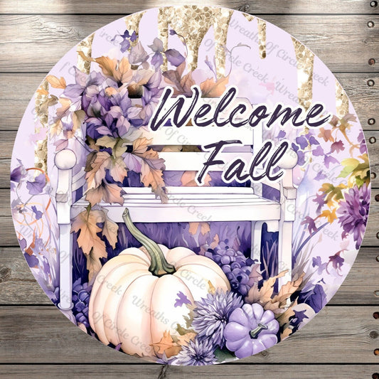 Welcome Fall, Purple, Pumpkins, Fall Foliage, Round UV Coated, Metal Sign, No Holes